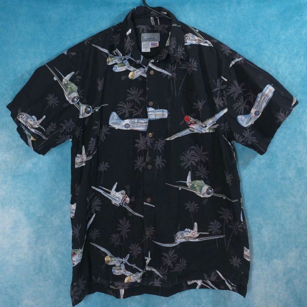 High Seas Trading Co. Airplanes & Palm Trees Button Up Men's Shirt, Size Small
